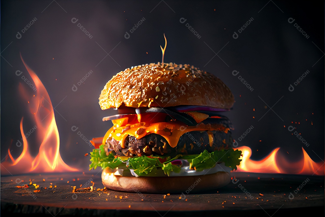 Hambúrguer sobre uma mesa madeira comida