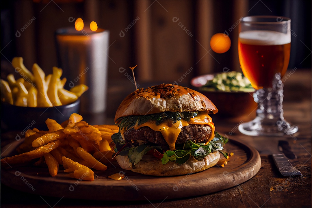 Hambúrguer sobre uma mesa madeira comida