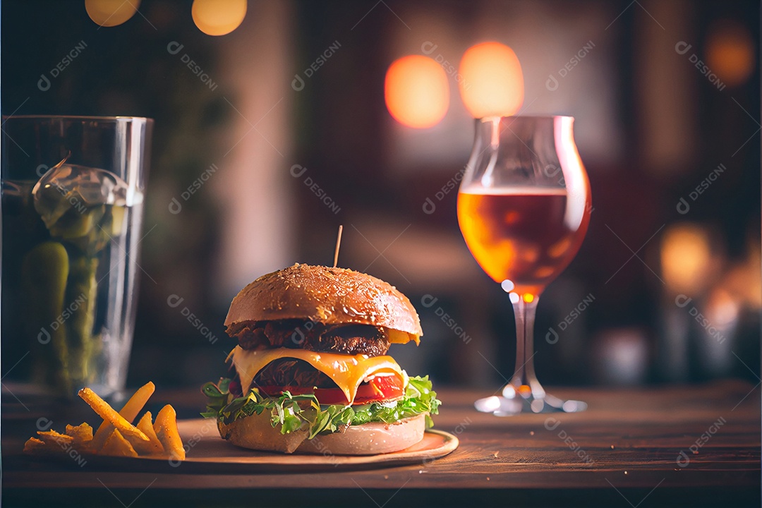 Hambúrguer sobre uma mesa madeira comida