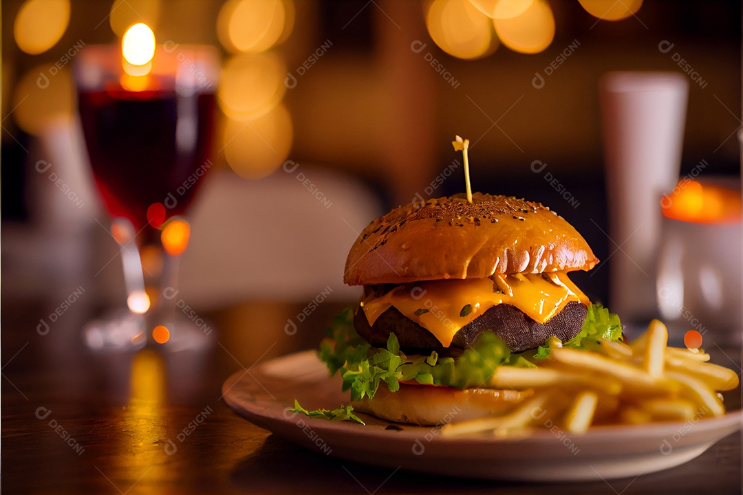 Hambúrguer sobre uma mesa madeira comida