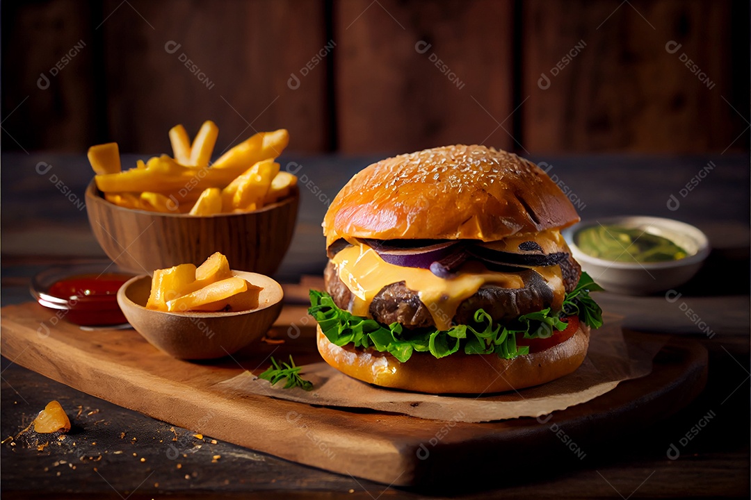 Hambúrguer sobre uma mesa madeira comida
