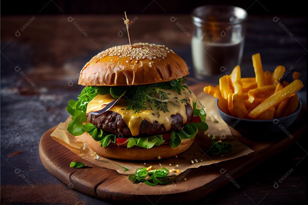 Hambúrguer sobre uma mesa madeira comida