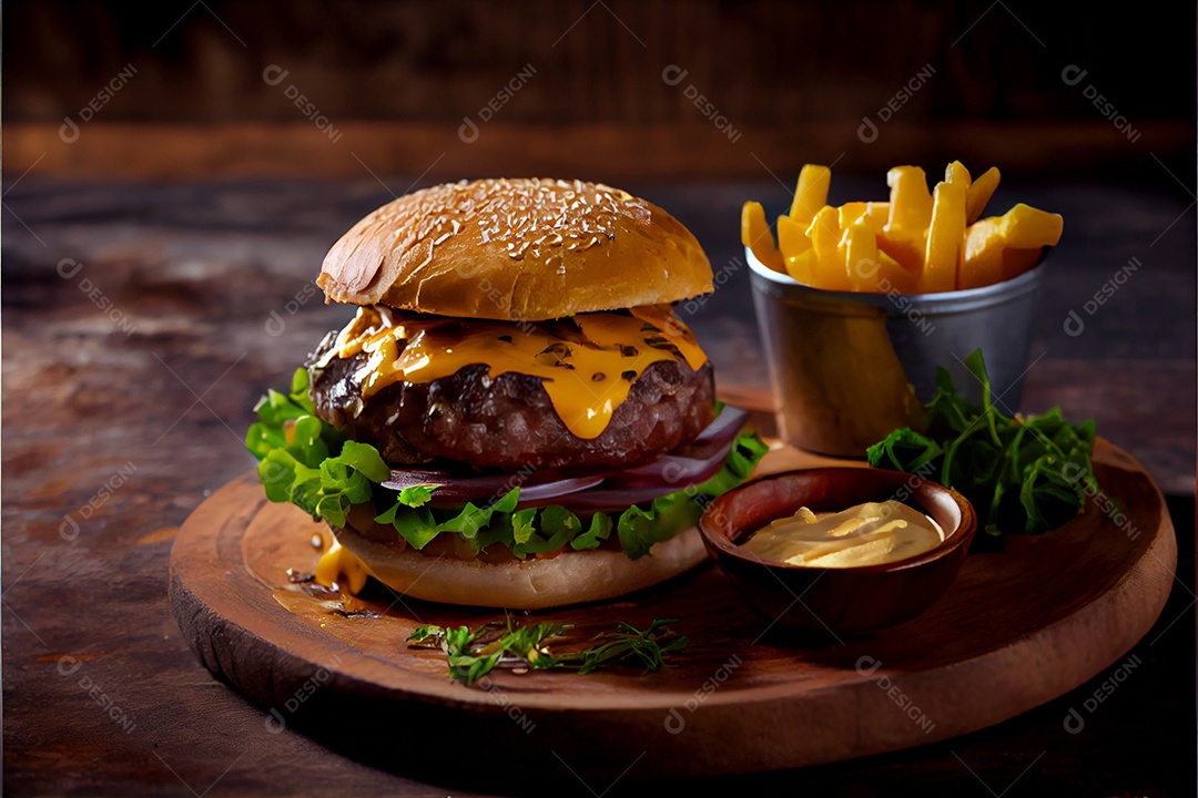 Hambúrguer sobre uma mesa madeira comida