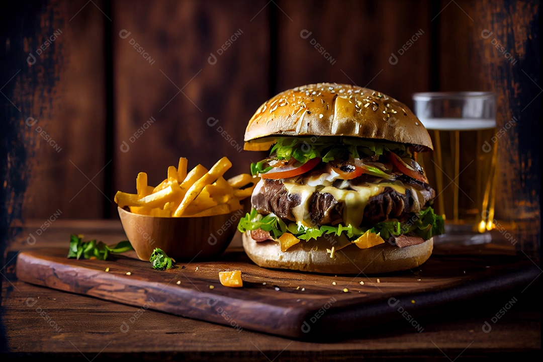 Hambúrguer sobre uma mesa madeira comida