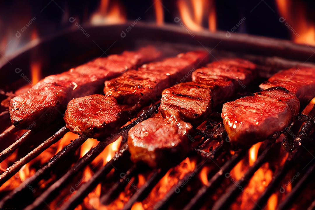 Carne assando sobre churrasqueira