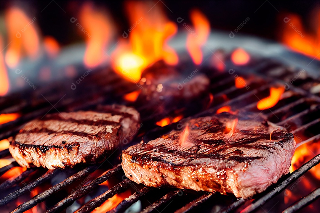 Carne assando sobre churrasqueira