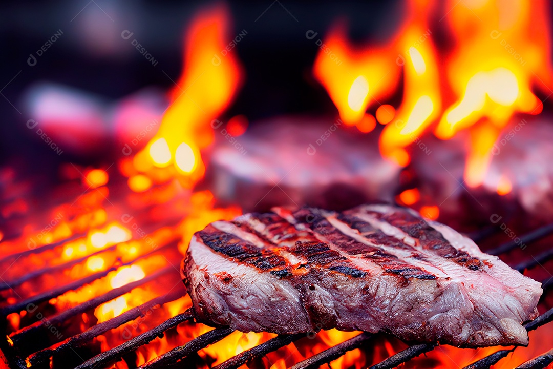 Carne assando sobre churrasqueira