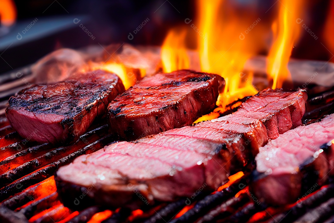 Carne assando sobre churrasqueira