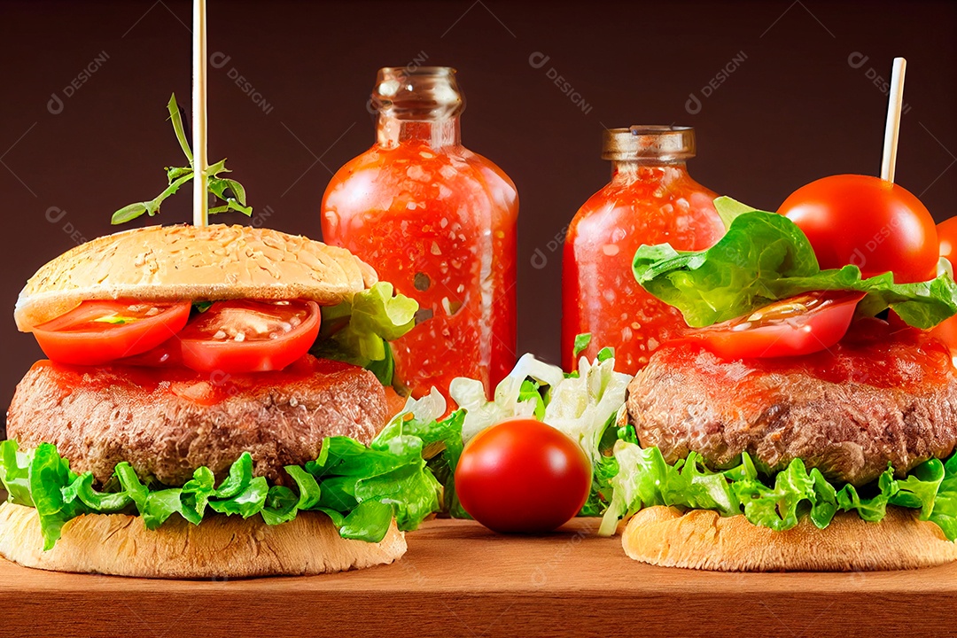 Hambúrguer saboroso sobre uma mesa de uma hamburgueria