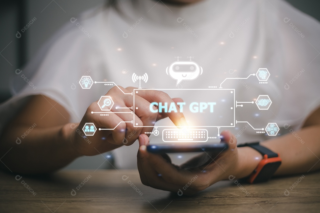 Bate-papo ChatGPT com AI ou Inteligência Artificial. Bate-papo de negócios com uma IA inteligente ou inteligência artificial usando um chatbot de inteligência artificial desenvolvido pela OpenAI.