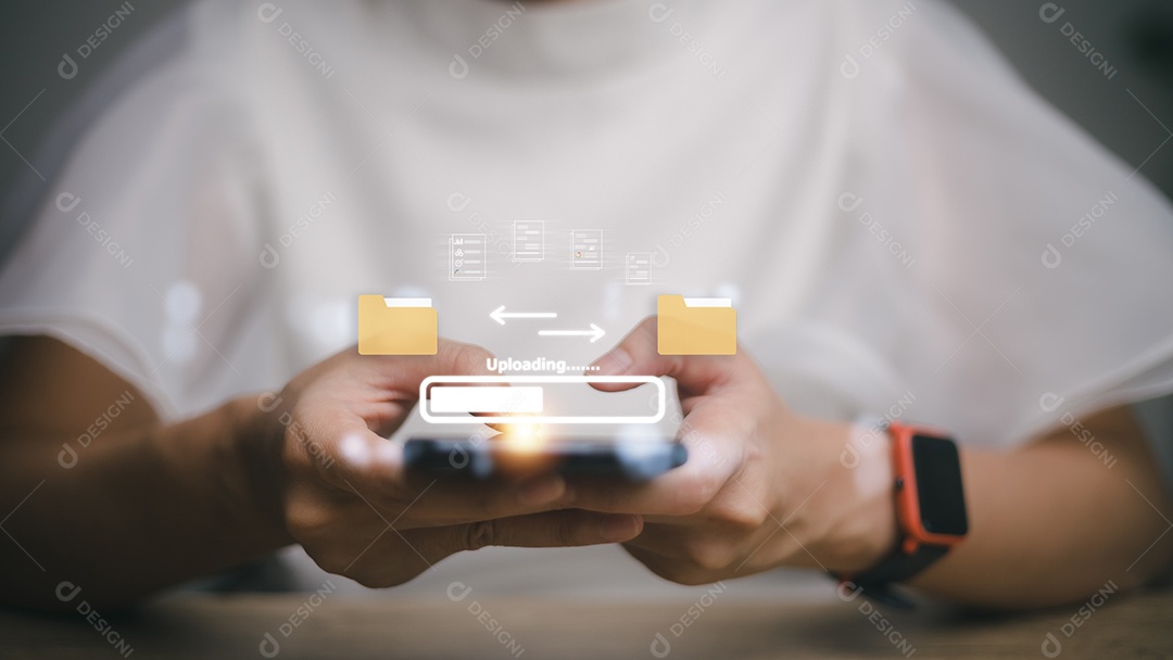 Carregar documentos da pasta. Abra a pasta Arquivo com documentos em branco voadores. Backup de transferência de dados, compartilhamento de arquivos, conceito de transferência de documentos