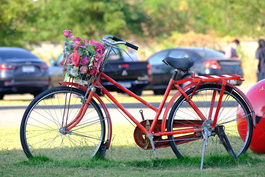 Bicicleta pintada de vermelho com um balde de flores coloridas