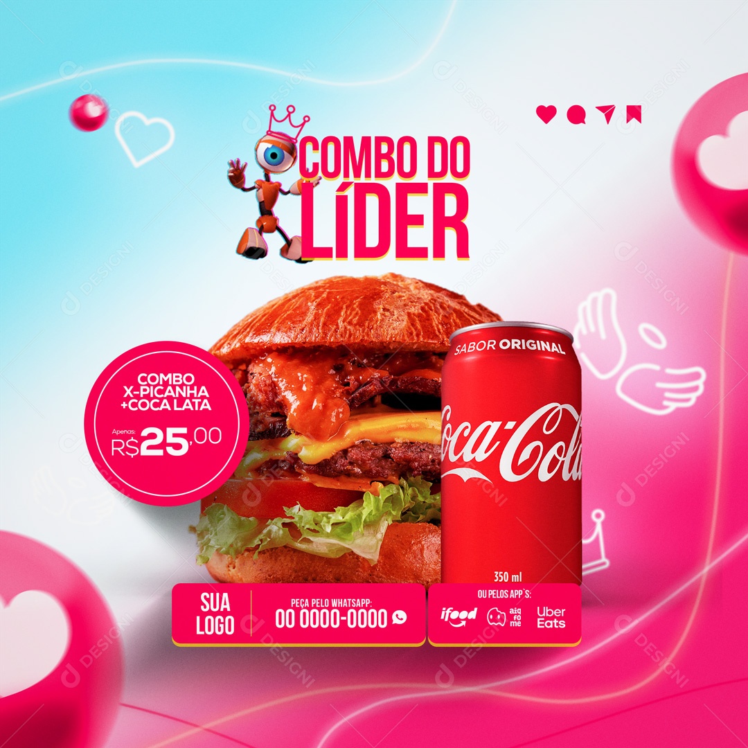 Combo Lider X-Picanha + Coca Lata Hamburgueria BBB Social Media PSD Editável