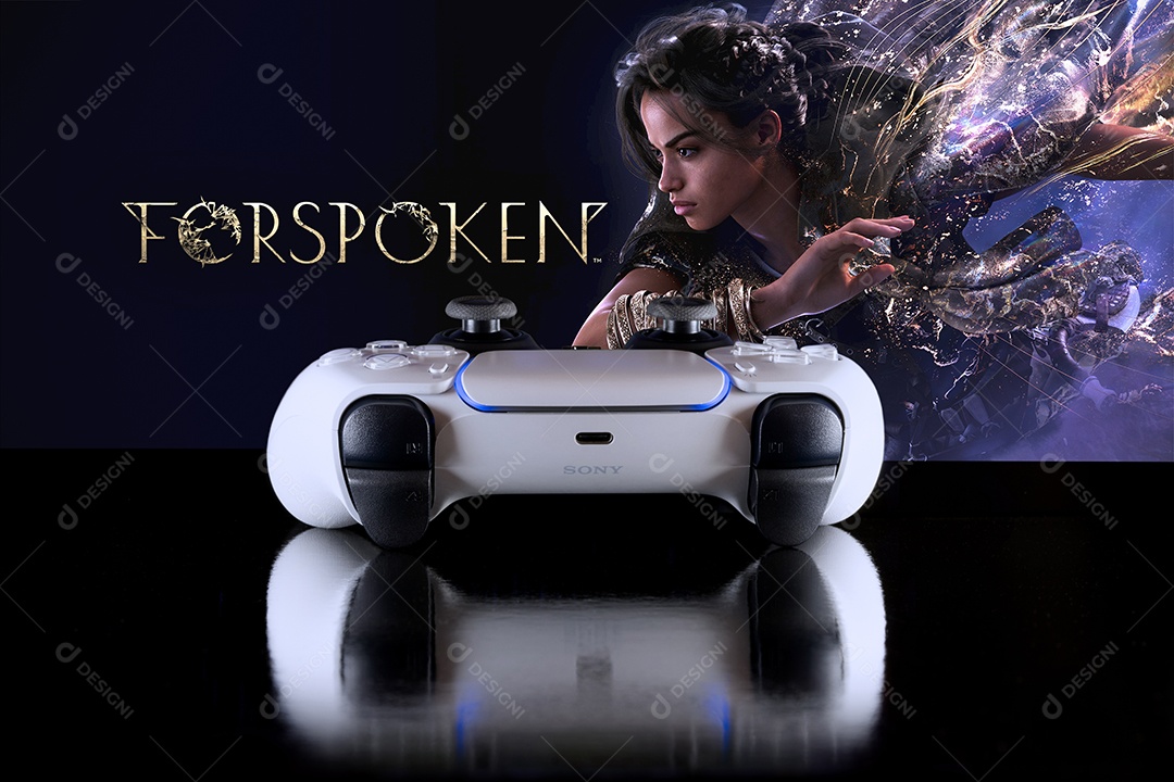 Controle de Playstation 5 com jogo Forspoken rodando na TV.