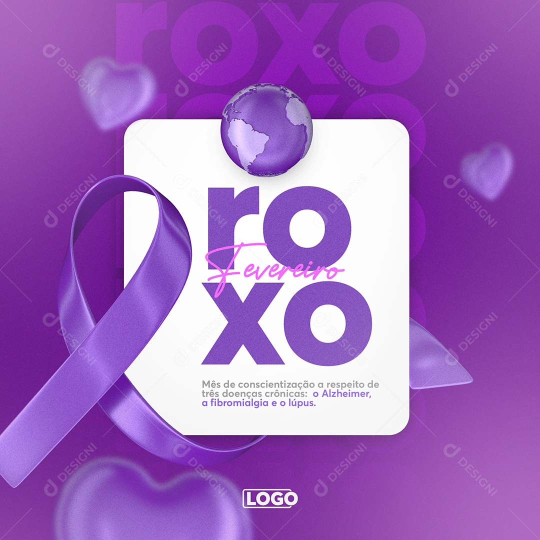 Fevereiro Roxo Mês de Prevenção e Conscientização Sobre Lúpus Fibromialgia Mal de Alzheimer Social Media PSD Editável