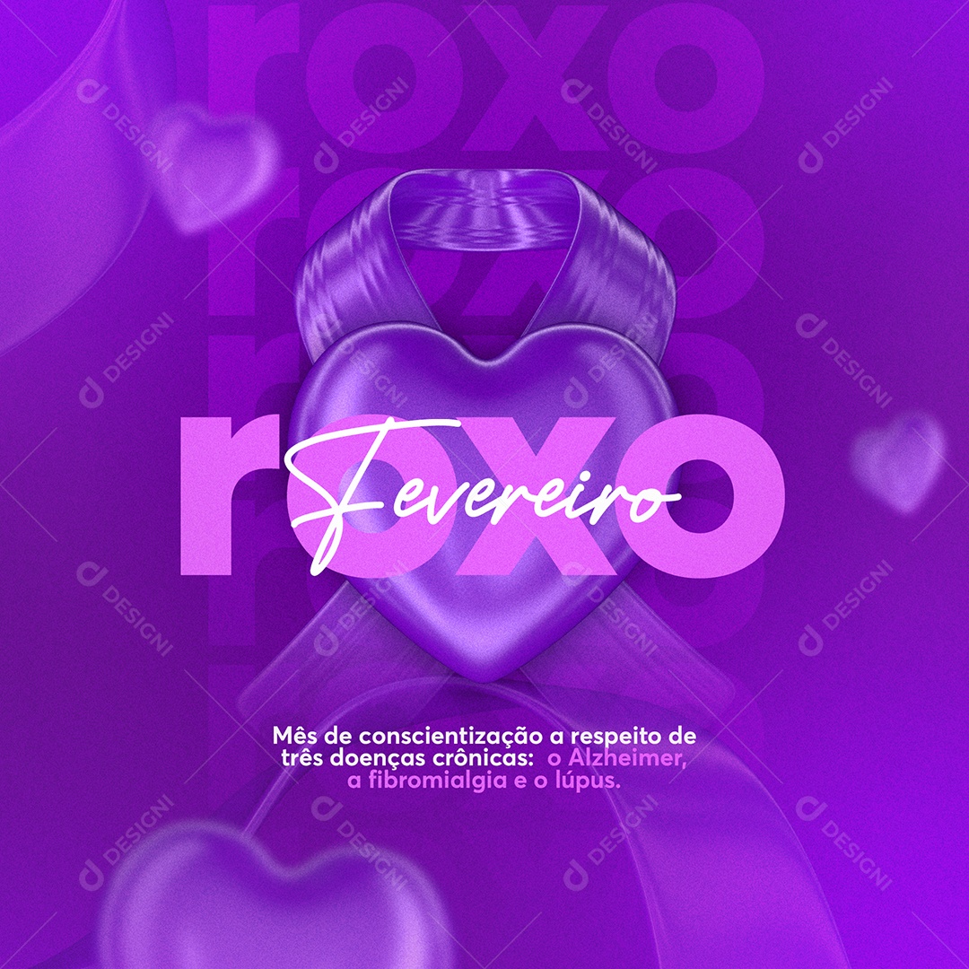 Fevereiro Roxo Mês de Prevenção e Conscientização Sobre Lúpus Fibromialgia Mal de Alzheimer Social Media PSD Editável