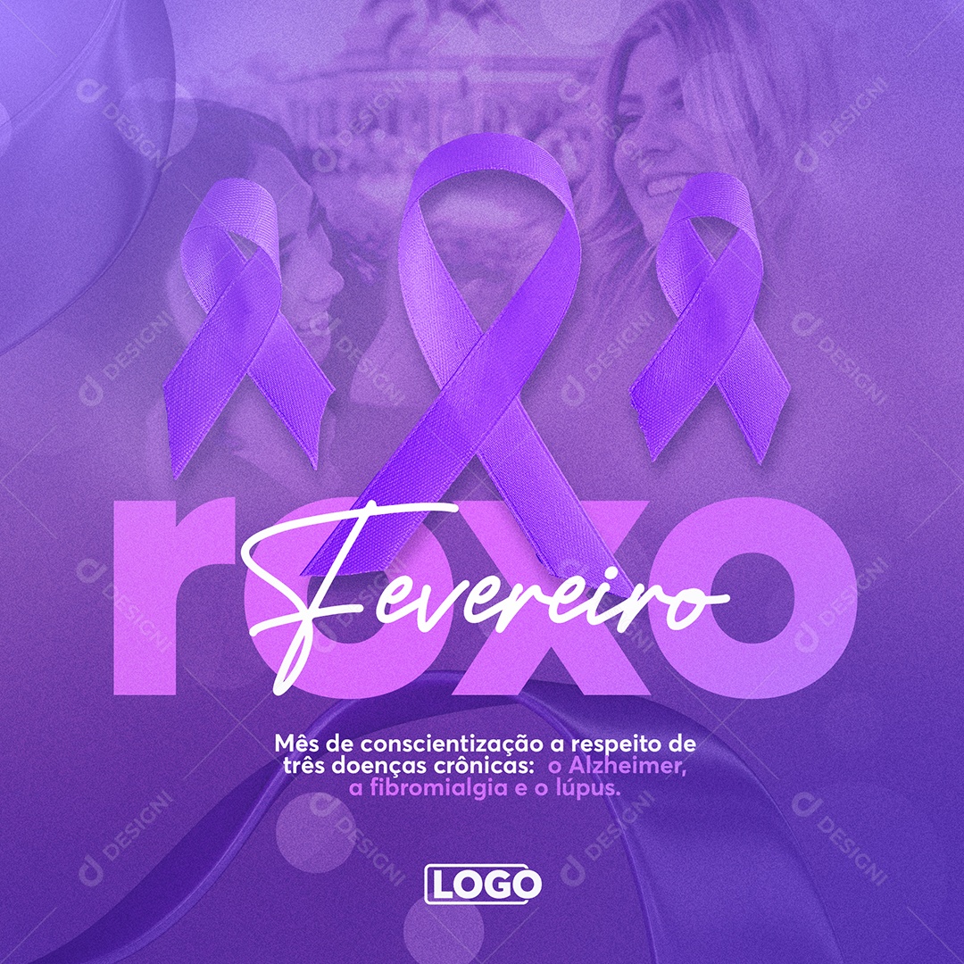 Fevereiro Roxo Mês de Prevenção e Conscientização Sobre Lúpus Fibromialgia Mal de Alzheimer Social Media PSD Editável