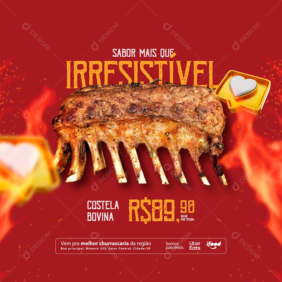 Sabor Mais que Irresistível  Costela Bovina 89,90 Churrascaria Social Media PSD Editável