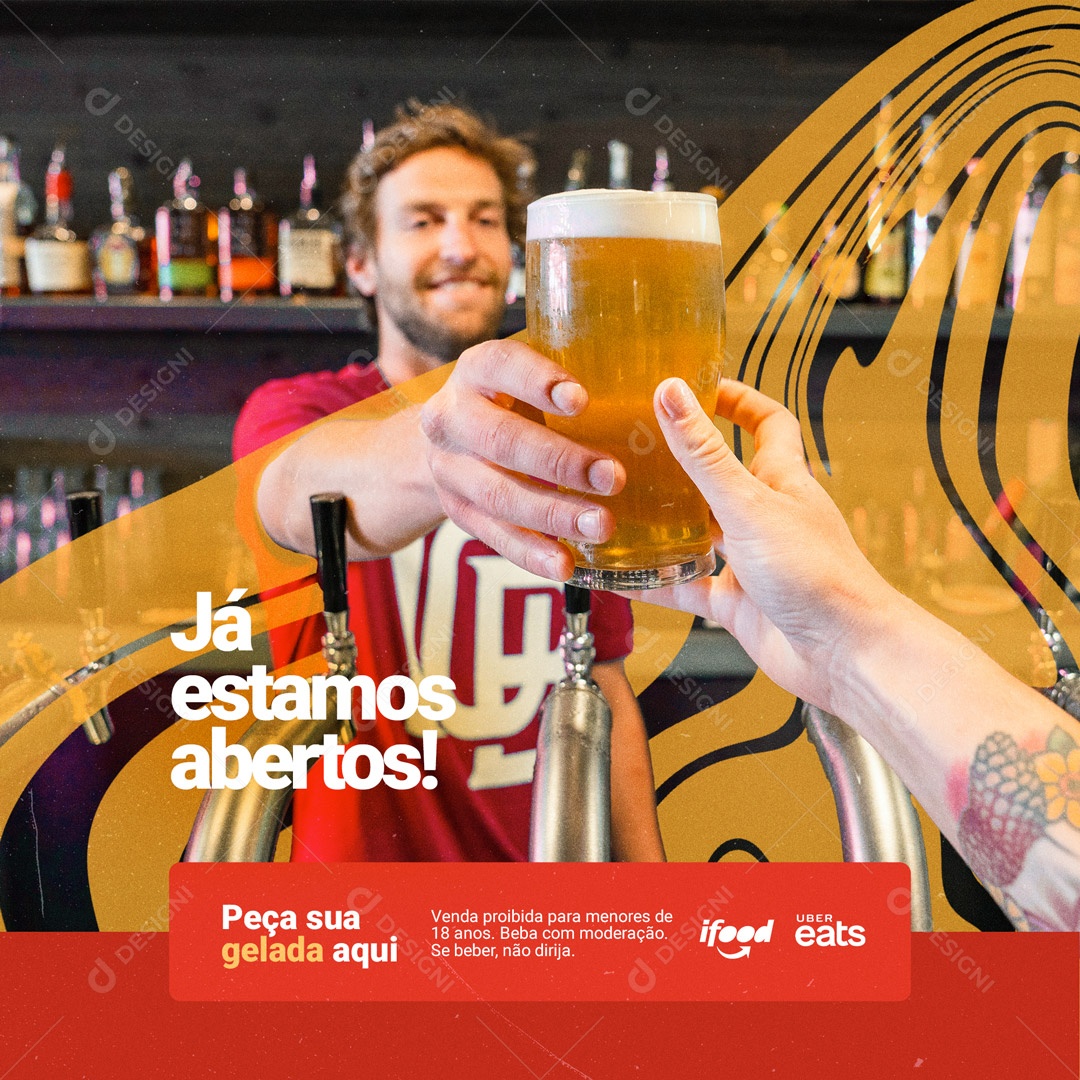 Já Estamos Abertos! Bar Distribuidora de Bebidas Social Media PSD Editável