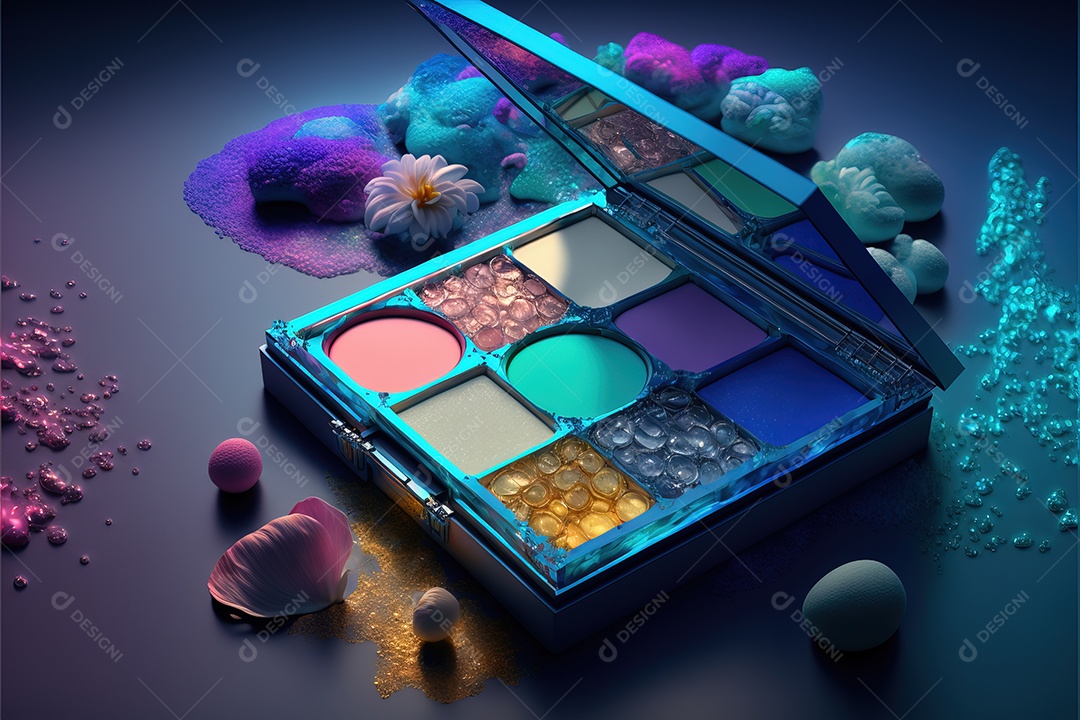 Paleta de maquiagem com cores e tema do oceano