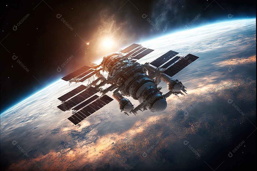 A Estação Espacial Internacional voa ao redor do planeta Terra com muitas estrelas