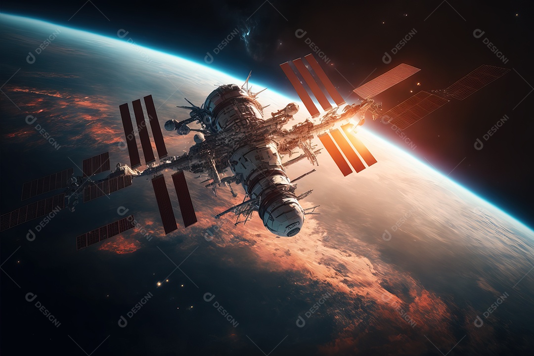 A Estação Espacial Internacional voa ao redor do planeta Terra com muitas estrelas