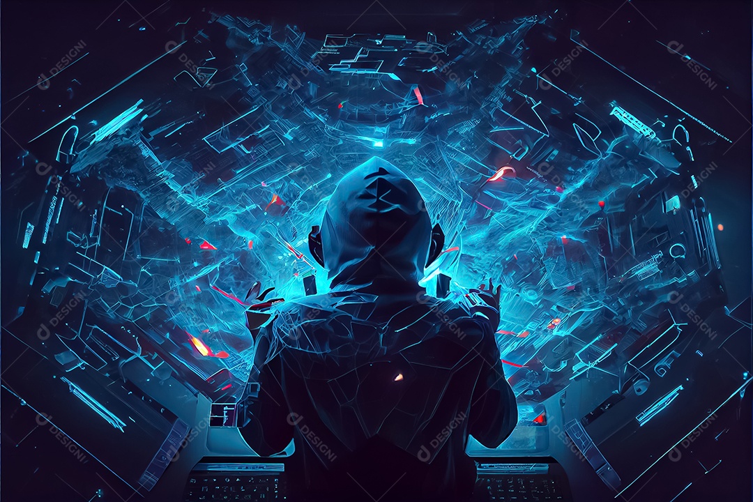 Vista aérea da mulher hacker se perguntando dentro do núcleo do computador das redes de mídia social