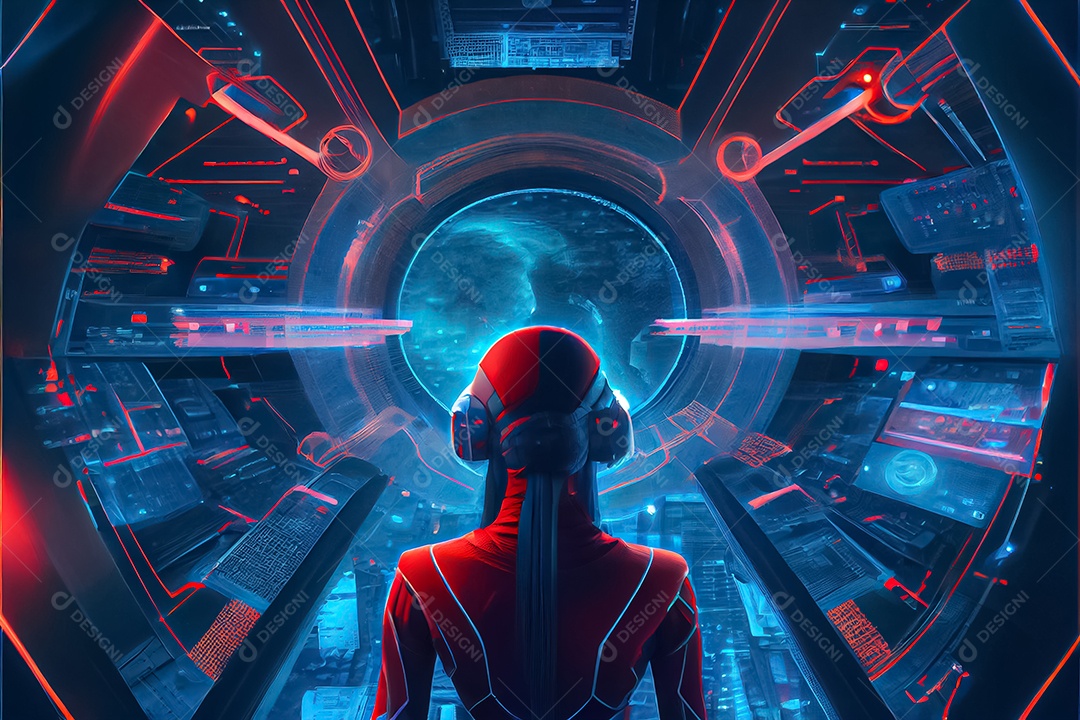 Vista aérea da mulher hacker se perguntando dentro do núcleo do computador das redes de mídia social