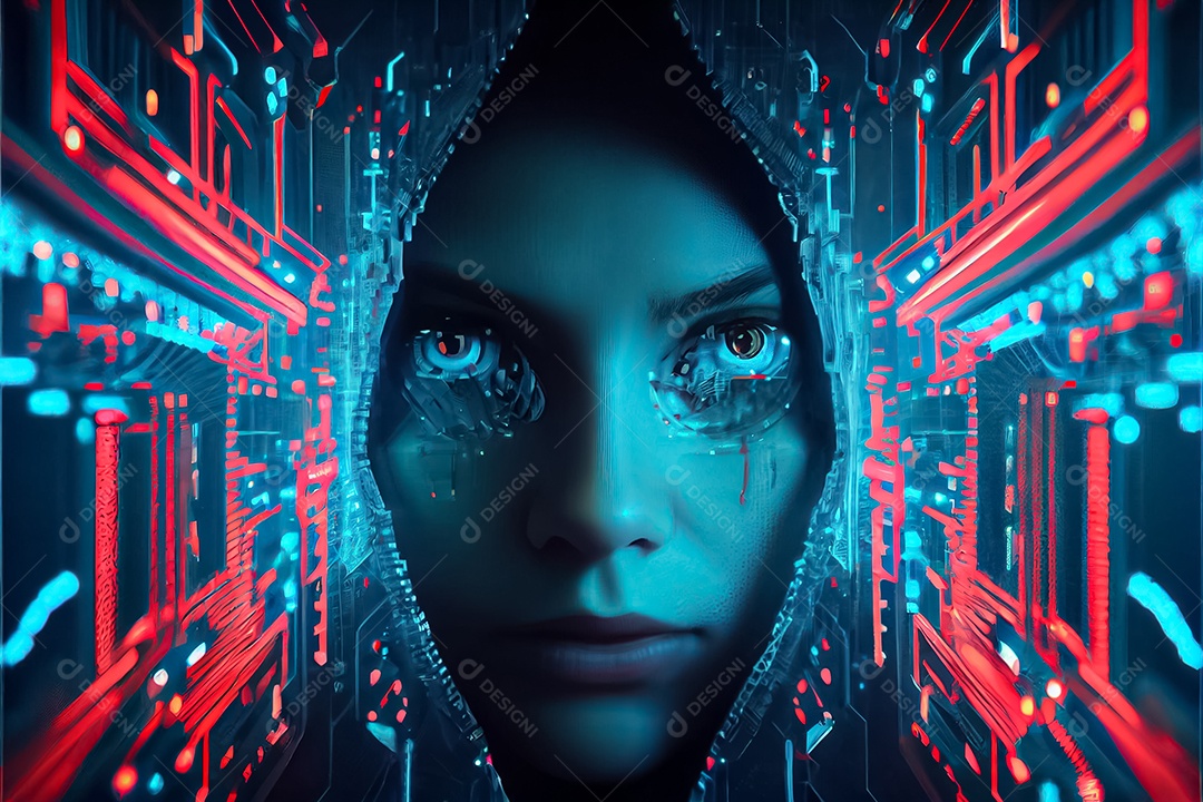 Vista aérea da mulher hacker se perguntando dentro do núcleo do computador das redes de mídia social