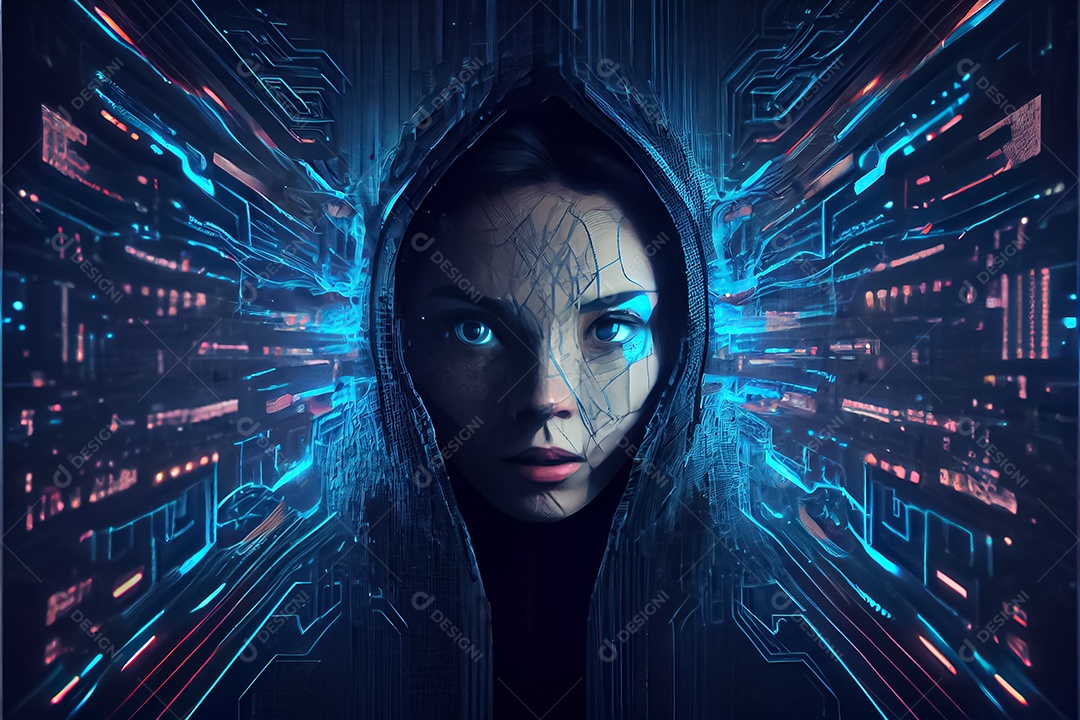 Vista aérea da mulher hacker se perguntando dentro do núcleo do computador das redes de mídia social