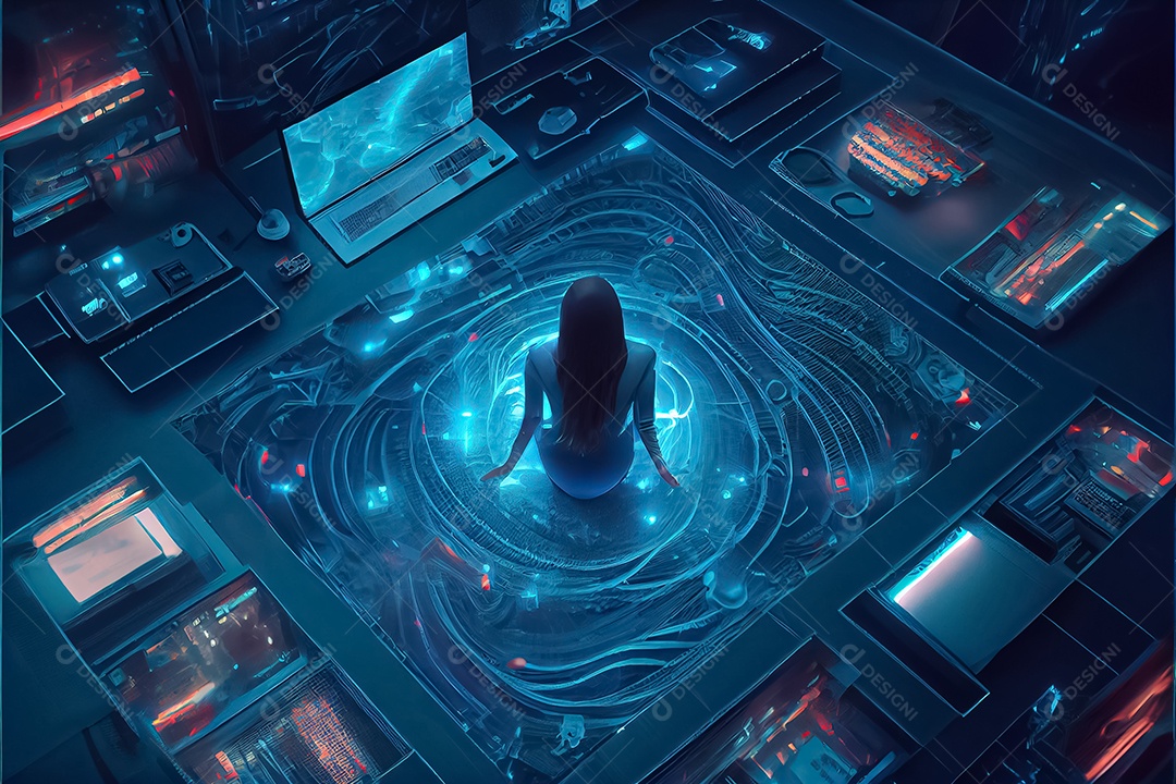 Vista aérea da mulher hacker se perguntando dentro do núcleo do computador das redes de mídia social