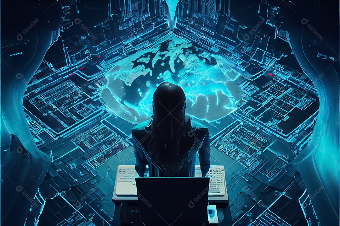 Vista aérea da mulher hacker se perguntando dentro do núcleo do computador das redes de mídia social