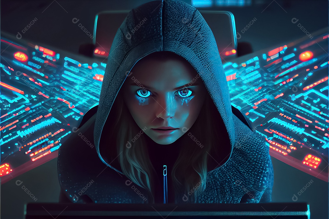 Vista aérea da mulher hacker se perguntando dentro do núcleo do computador das redes de mídia social