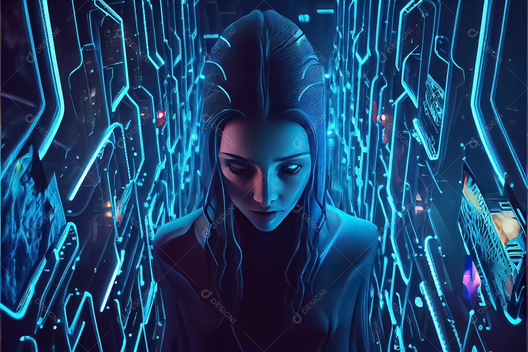 Vista aérea da mulher hacker se perguntando dentro do núcleo do computador das redes de mídia social