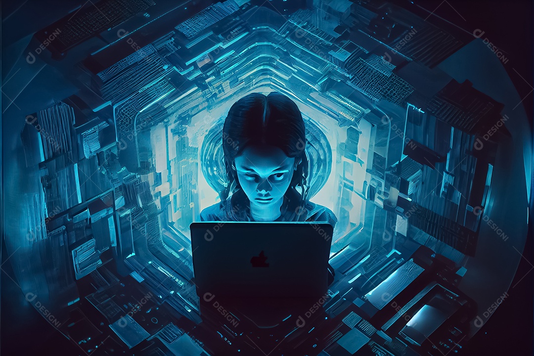 Vista aérea da mulher hacker se perguntando dentro do núcleo do computador das redes de mídia social