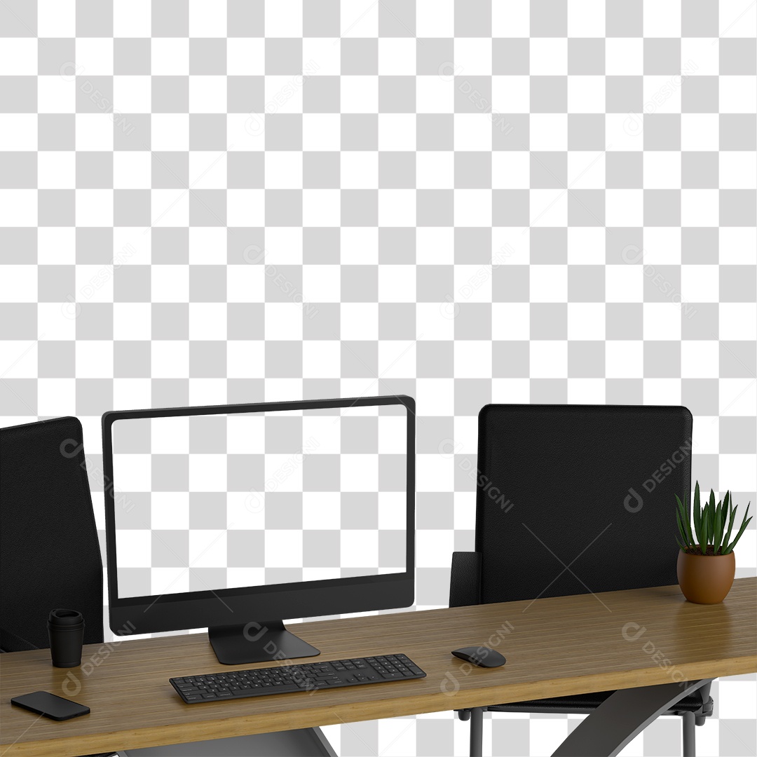 Elemento 3D Para Composição Computador na Mesa de Madeira PNG Transparente
