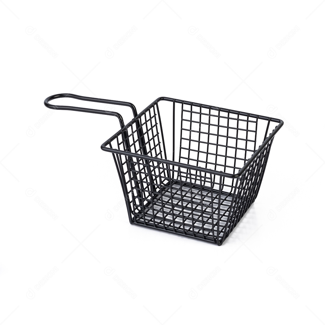 Cesta de fritura de aço preto isolada sobre fundo branco