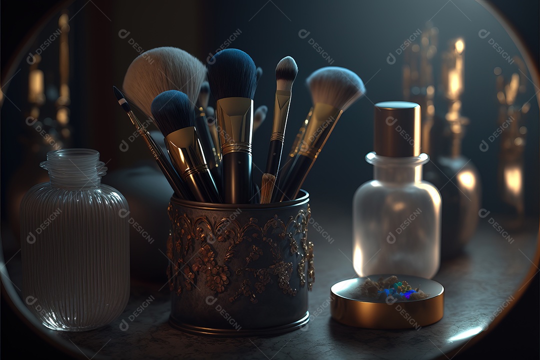 Ferramentas de maquiagem em um antigo porta-pincéis