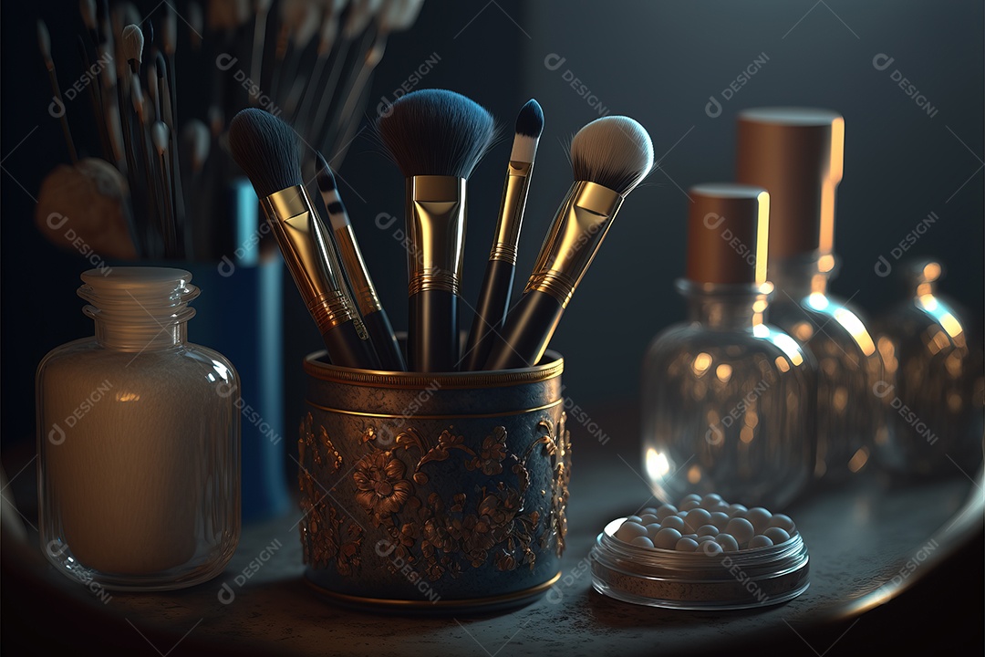 Ferramentas de maquiagem em um antigo porta-pincéis