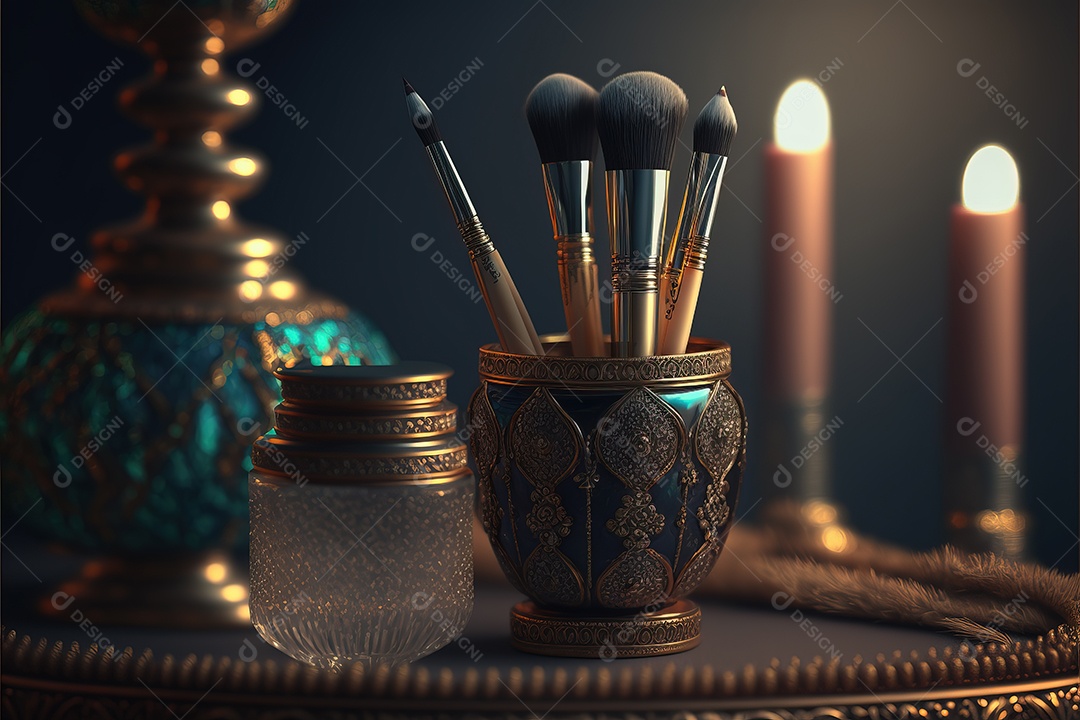 Ferramentas de maquiagem em um antigo porta-pincéis