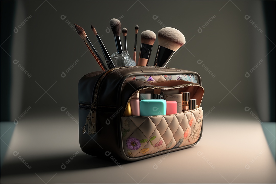 Ferramentas de maquiagem em uma bolsa moderna