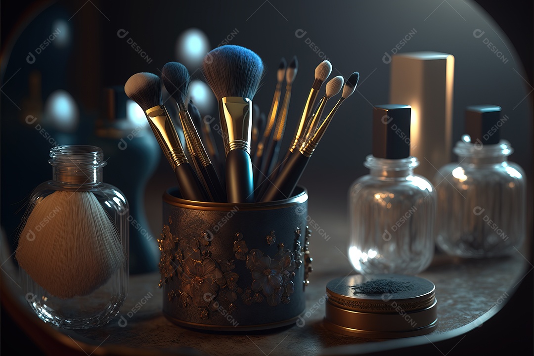 Ferramentas de maquiagem em um antigo porta-pincéis