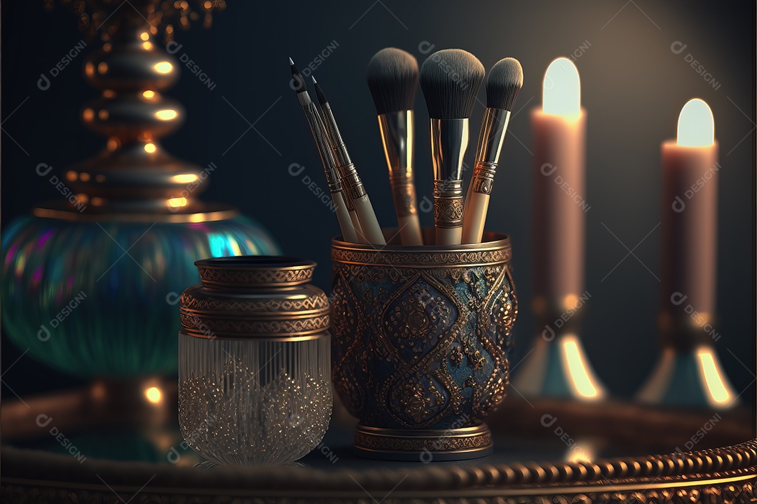 Ferramentas de maquiagem em um antigo porta-pincéis