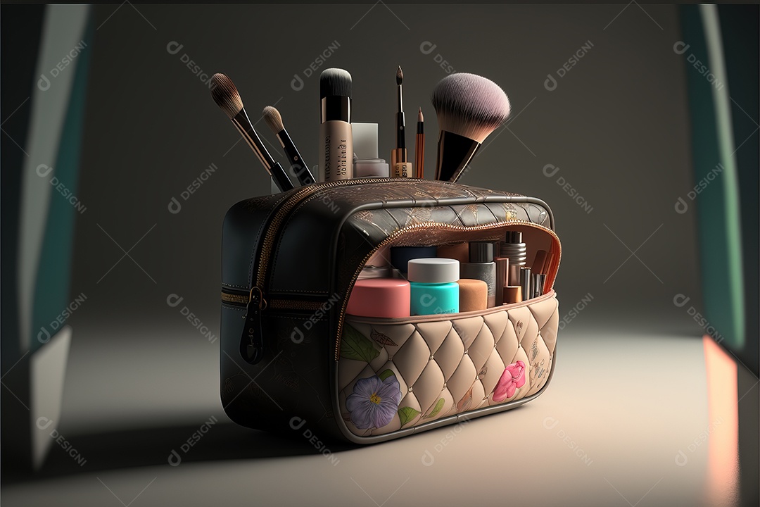 Ferramentas de maquiagem em uma bolsa moderna