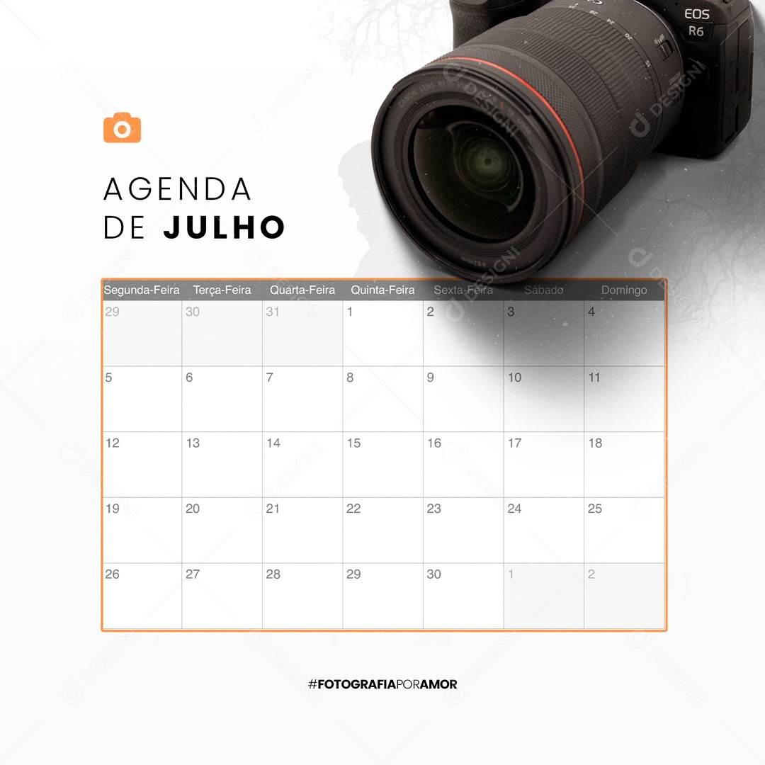 Agenda de Julho Fotógrafo Social Media PSD Editável