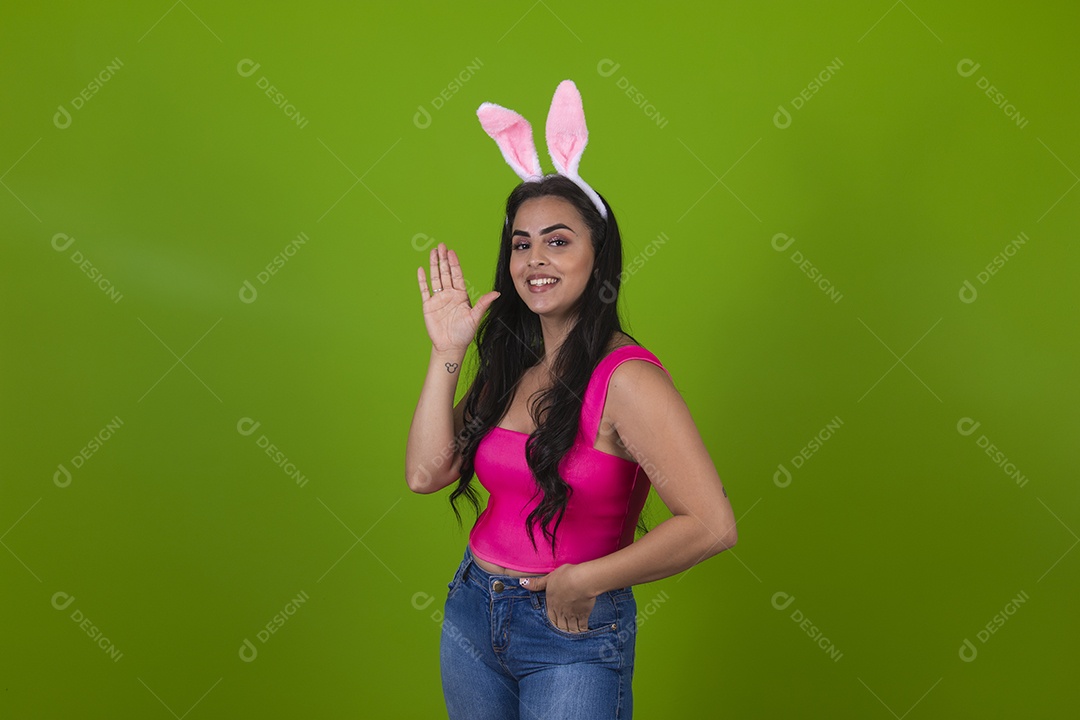 Linda Mulher garota usando fantasia de coelho Conceito Feliz Páscoa