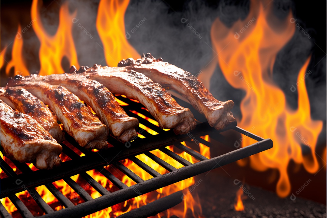 Carne assando sobre churrasqueira