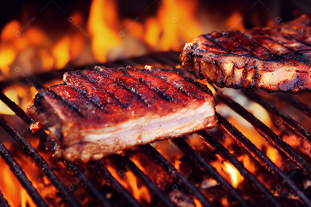 Carne assando sobre churrasqueira