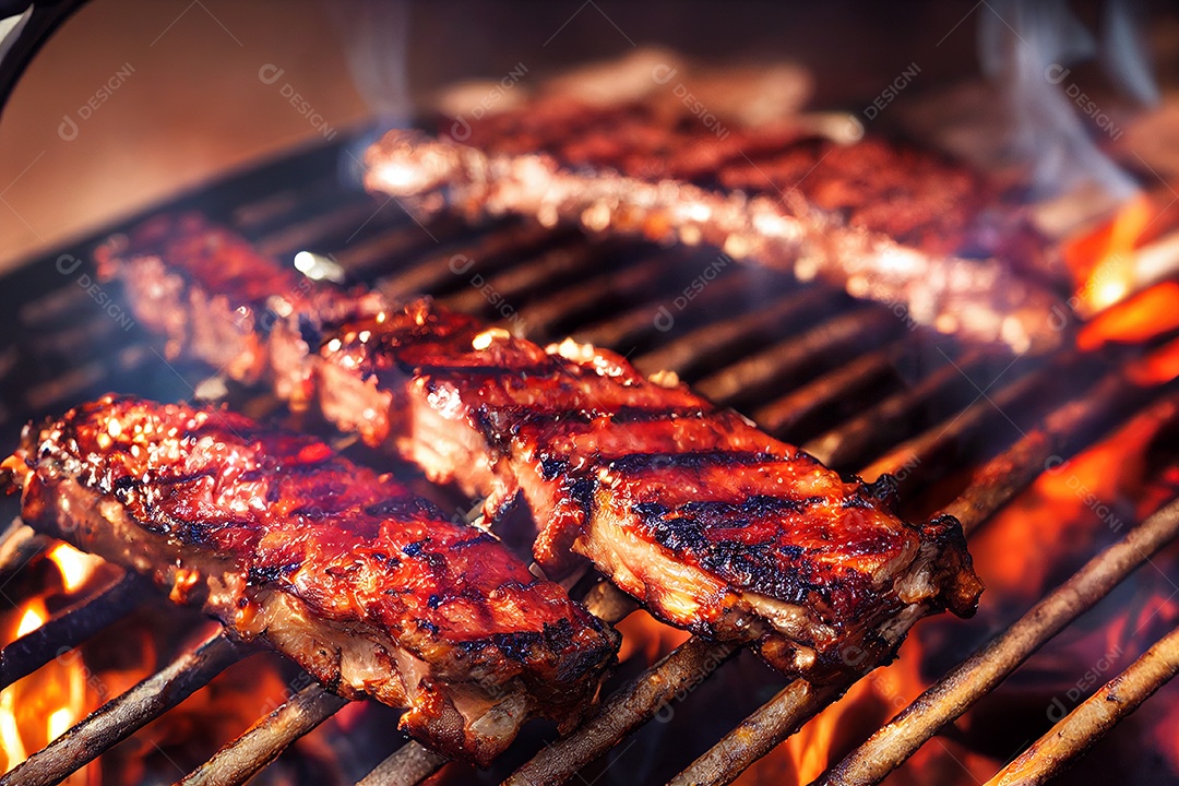 Carne assando sobre churrasqueira