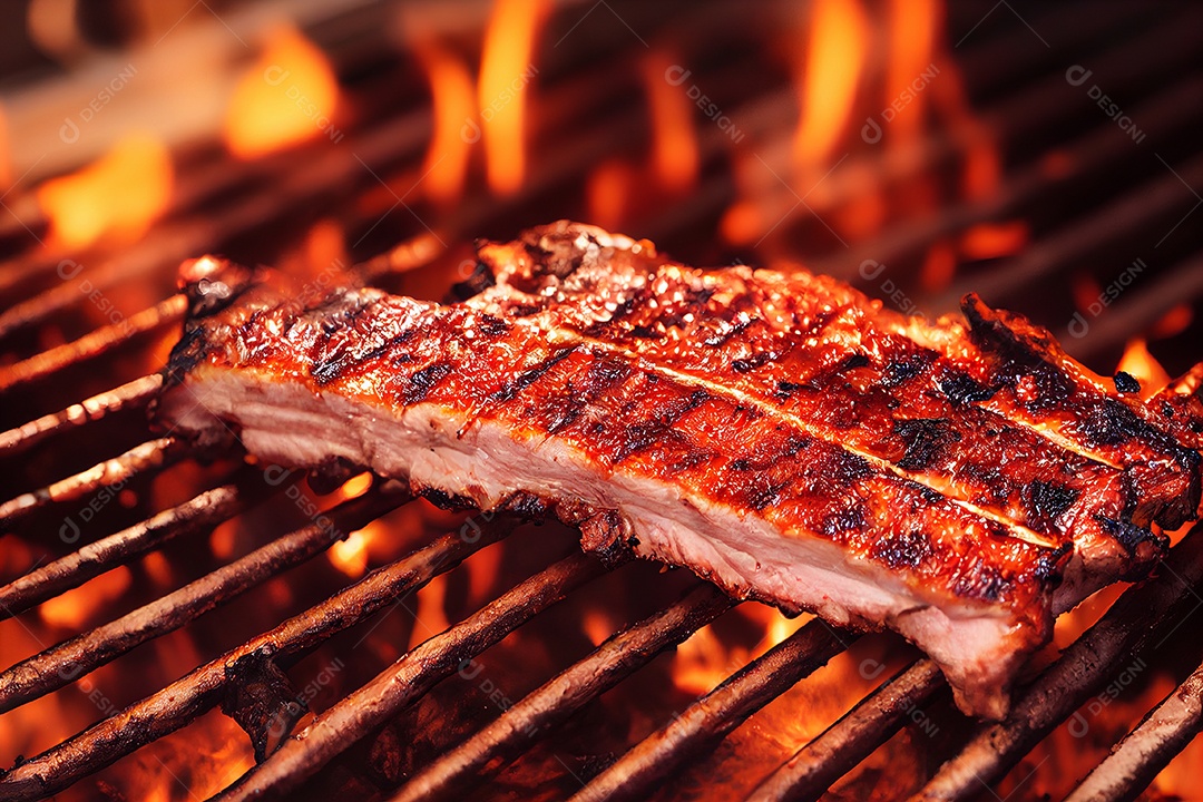 Carne assando sobre churrasqueira